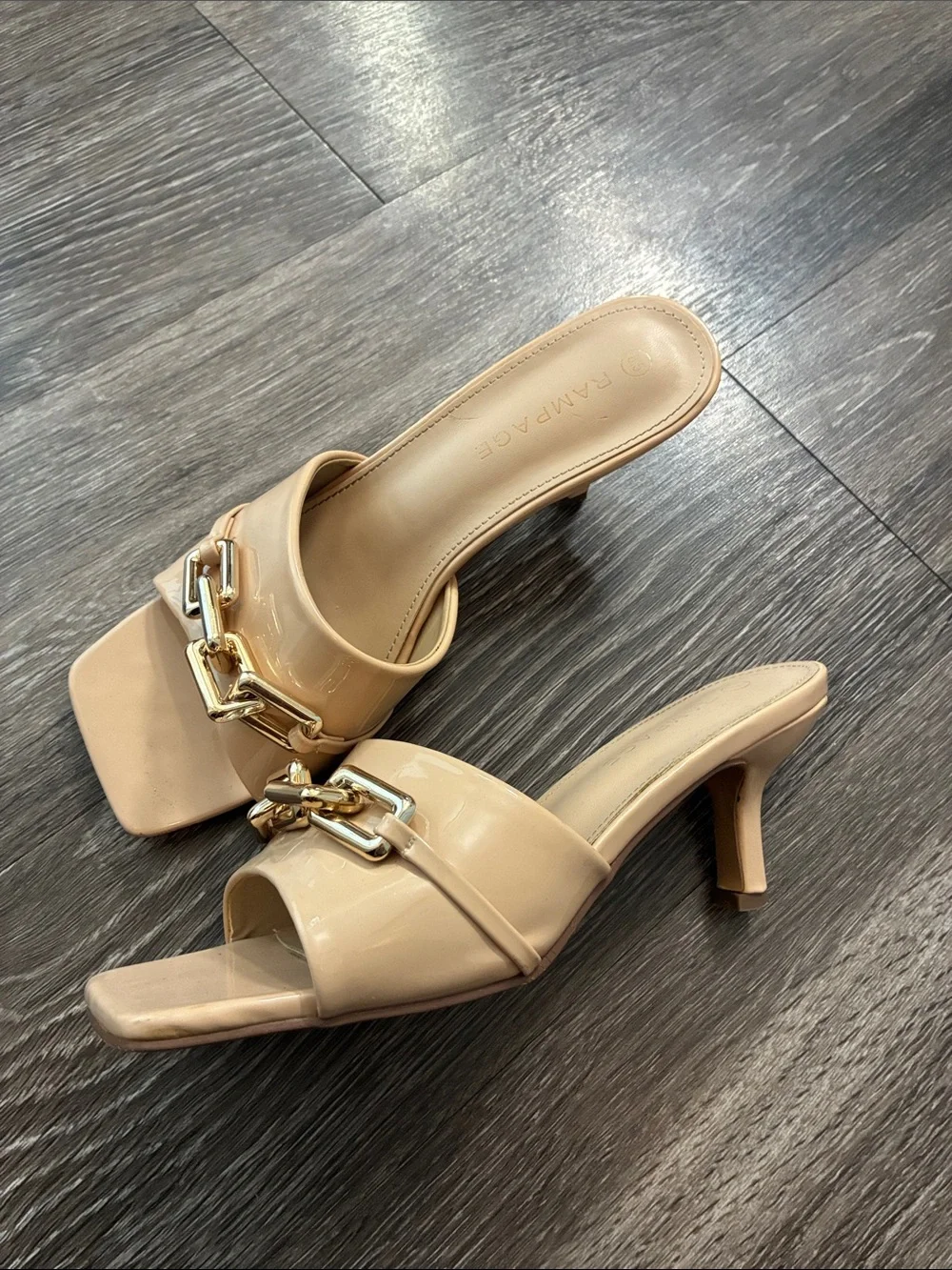 Rampage Nude Patent Slide Mules with Gold Chain Accent